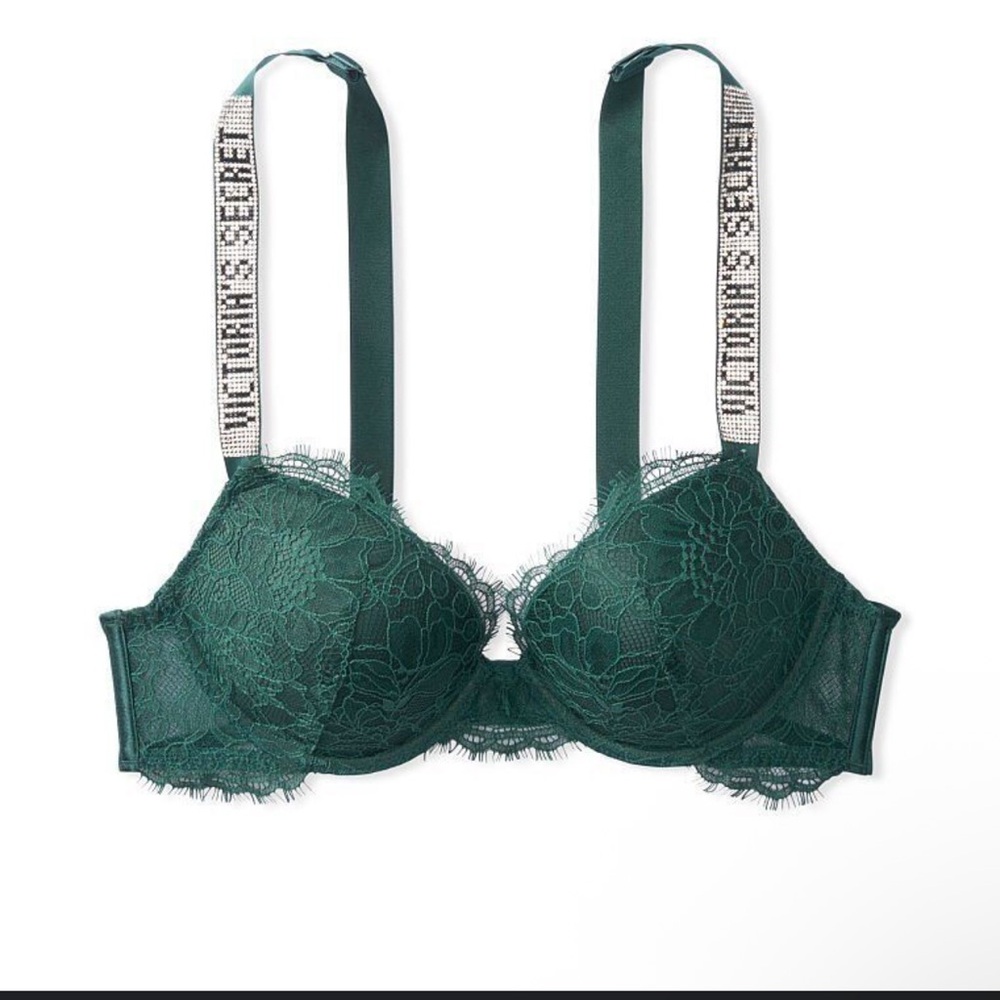 Victoria's Secret Very Sexy Push Up Bra Forest Green Bling Shine Logo Straps